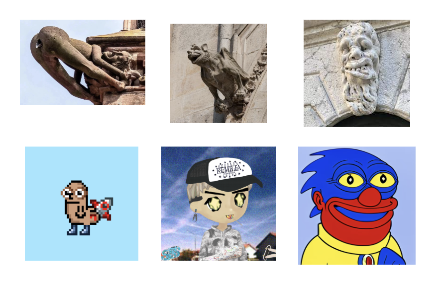 Top row: Medieval “rude” gargoyles Bottom row: CryptoDickButts, Redacted Remilio Babies, Sproto Gremlins